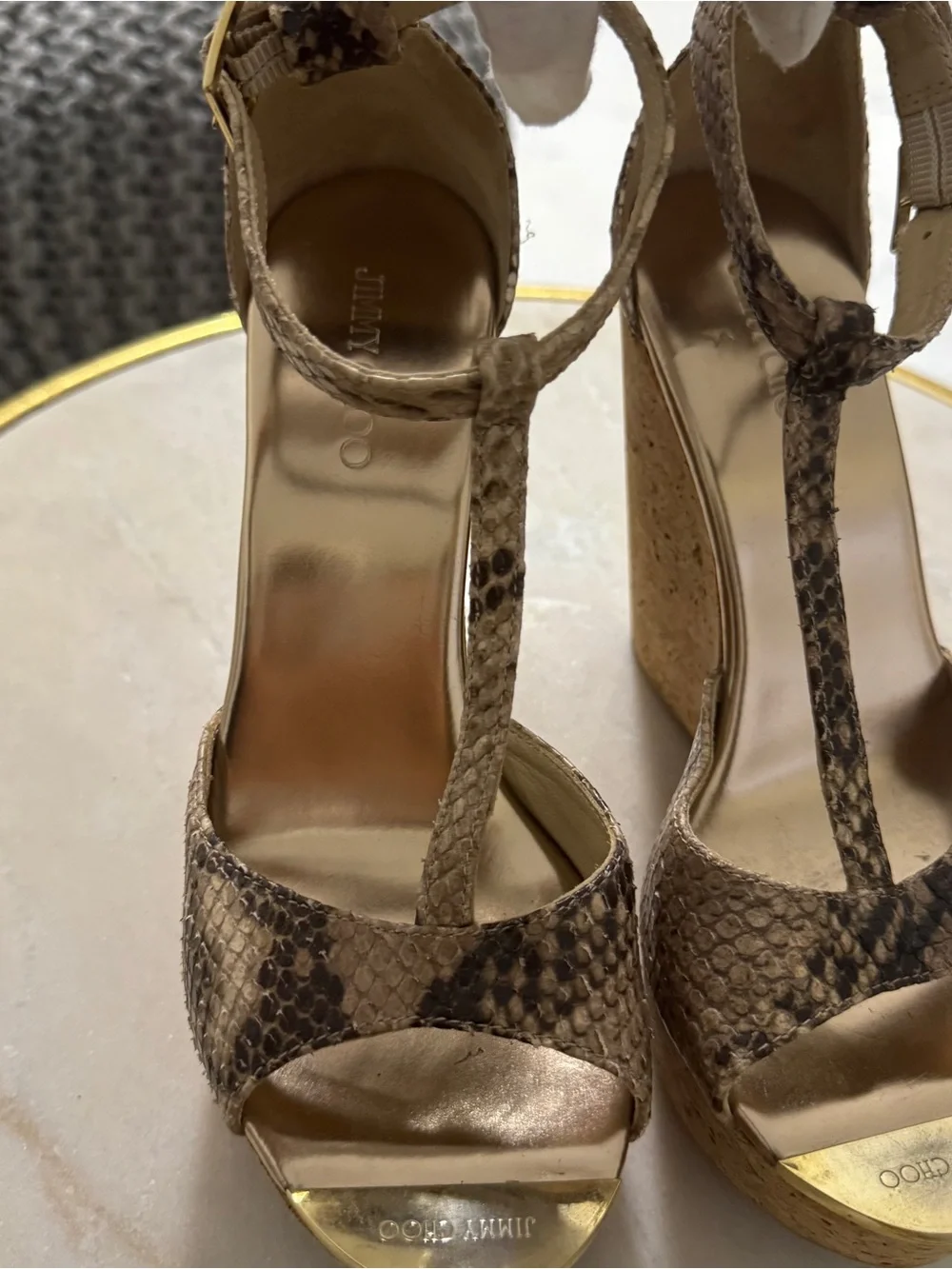 Jimmy Choo Taupe Snake-Print Cork Wedge Sandals